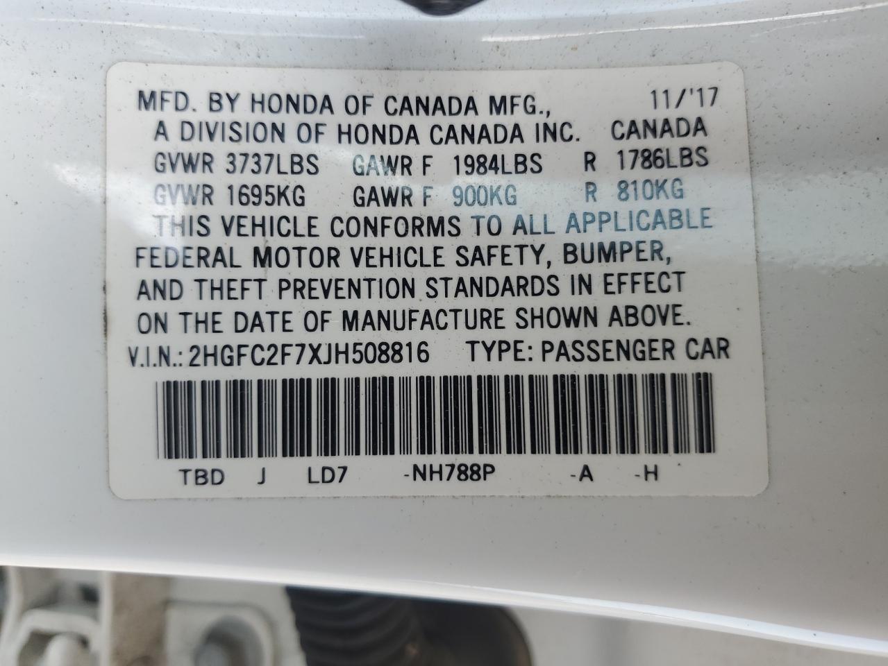 2018 Honda Civic VIN: 2HGFC2F7XJH508816 Lot: 81777275