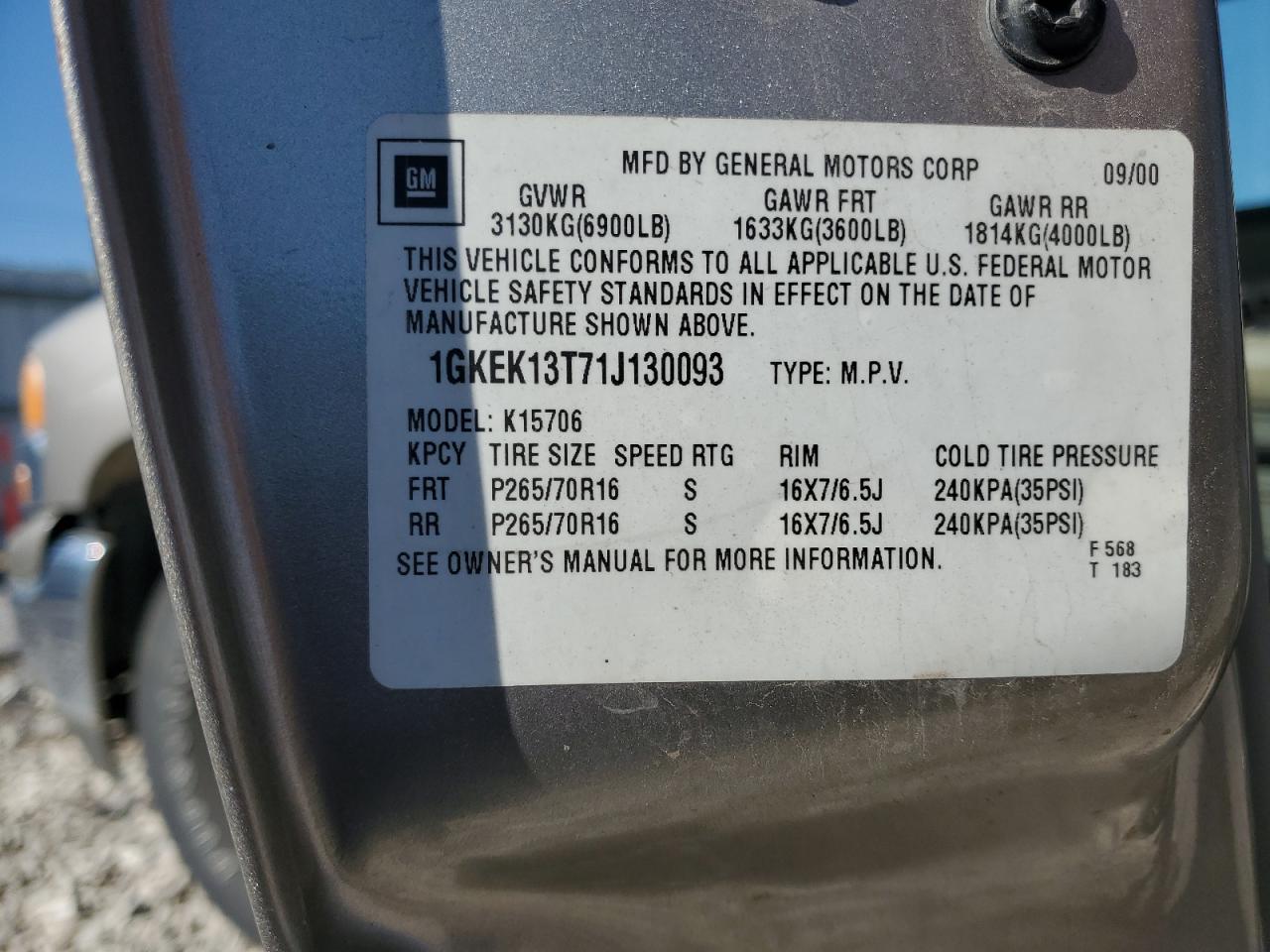 2001 GMC Yukon VIN: 1GKEK13T71J130093 Lot: 70898415
