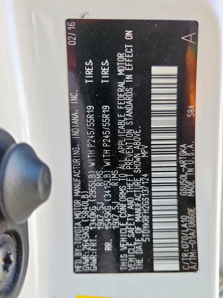 2016 Toyota Highlander Limited VIN: 5TDYKRFH2GS137124 Lot: 80062505