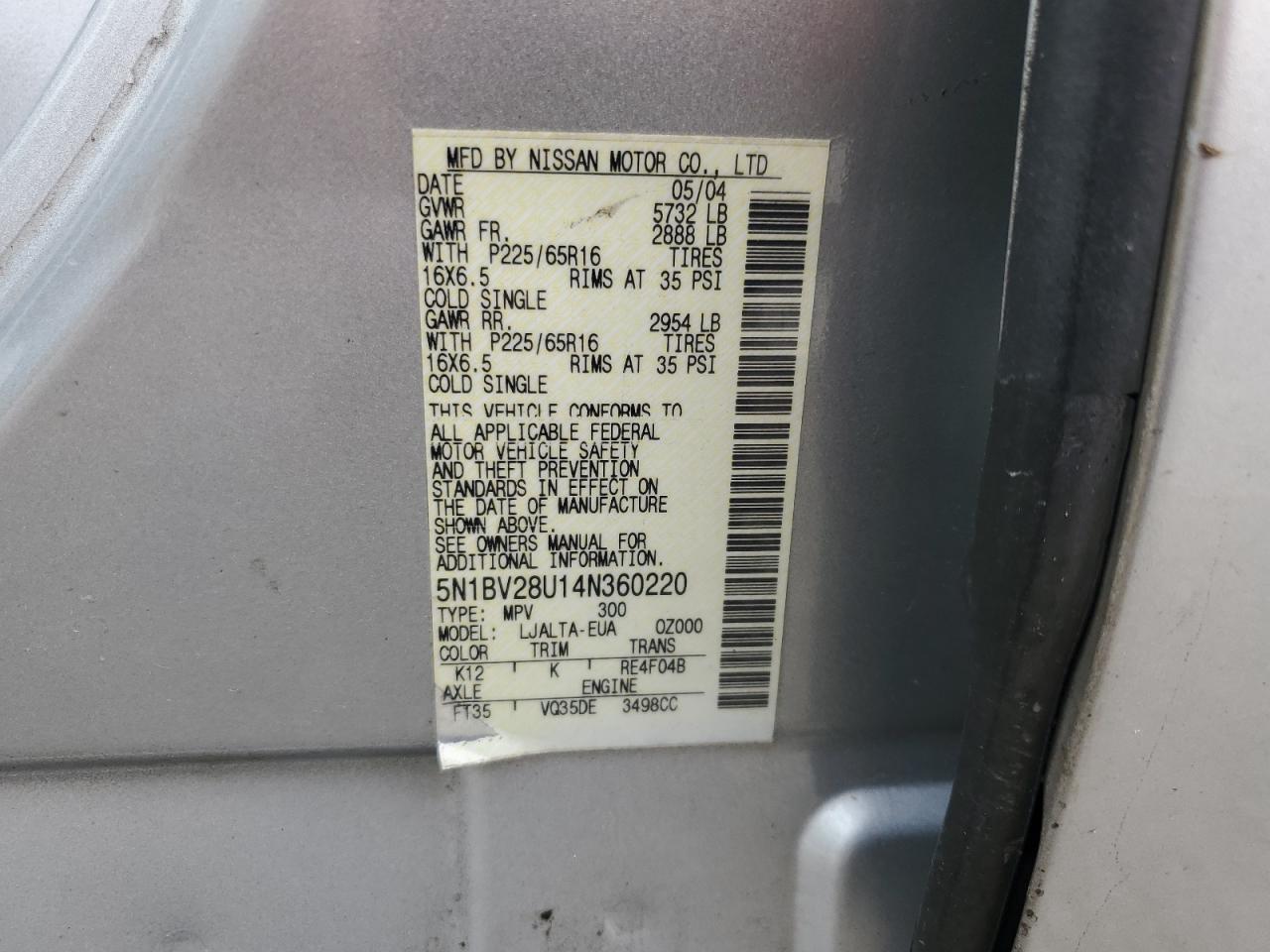 2004 Nissan Quest S VIN: 5N1BV28U14N360220 Lot: 80167285