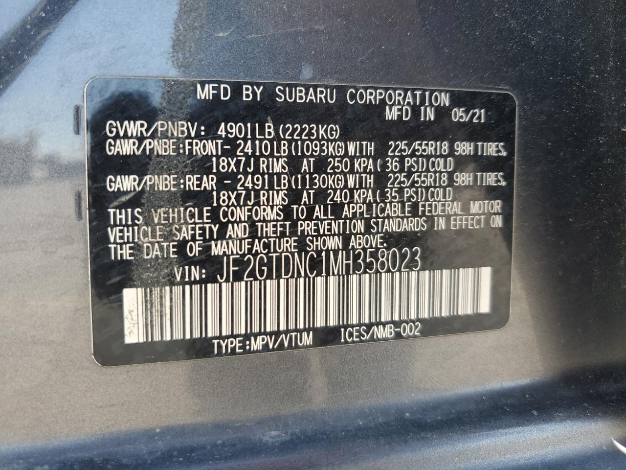 2021 Subaru Crosstrek Limited VIN: JF2GTDNC1MH358023 Lot: 83826275