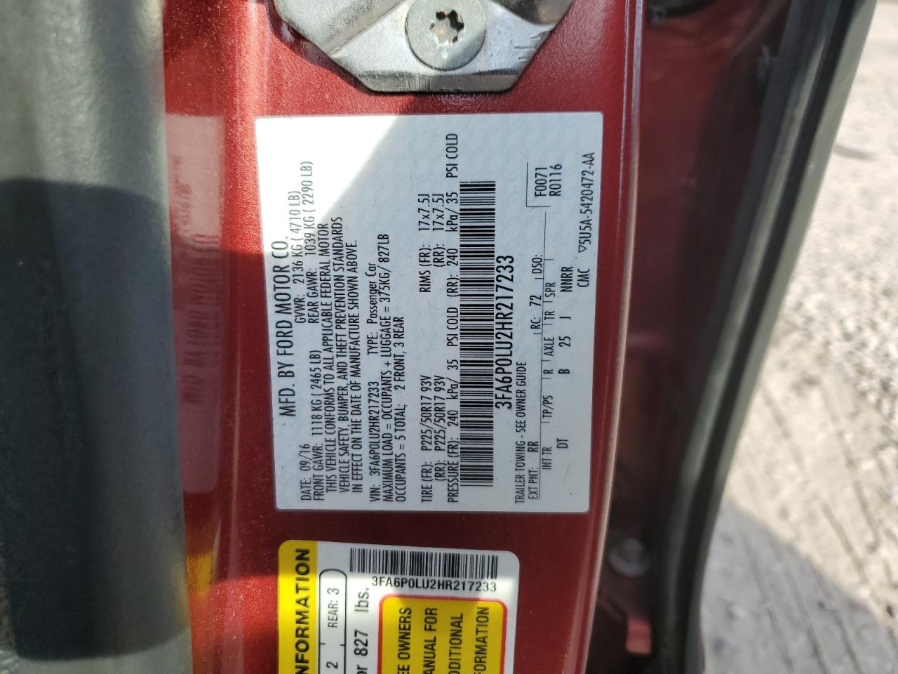 2017 Ford Fusion Se Hybrid VIN: 3FA6P0LU2HR217233 Lot: 82032835