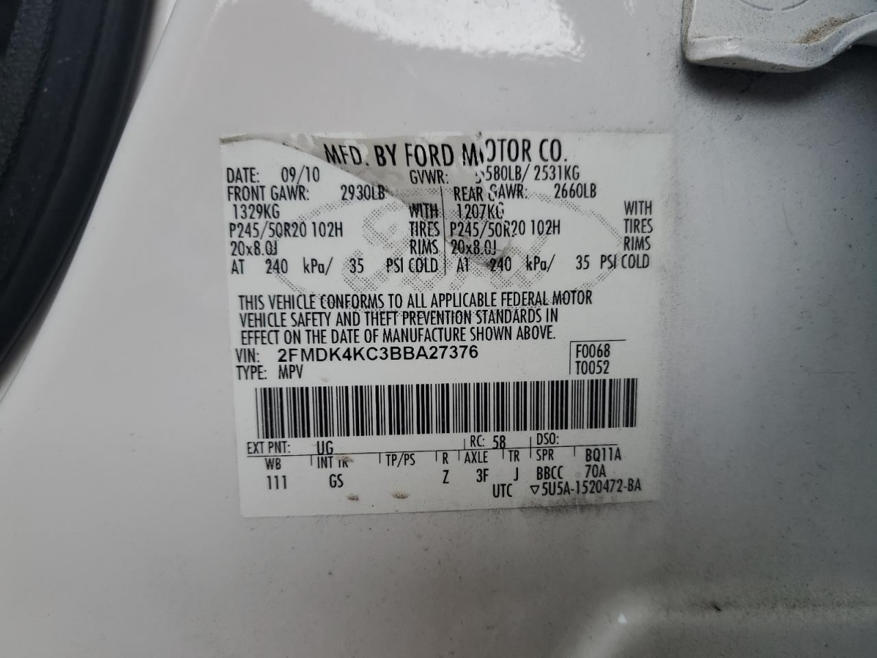 2011 Ford Edge Limited VIN: 2FMDK4KC3BBA27376 Lot: 70551755