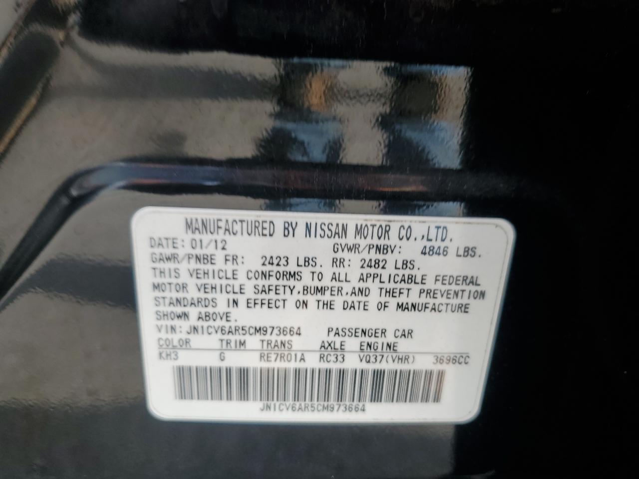 2012 Infiniti G37 VIN: JN1CV6AR5CM973664 Lot: 80996675