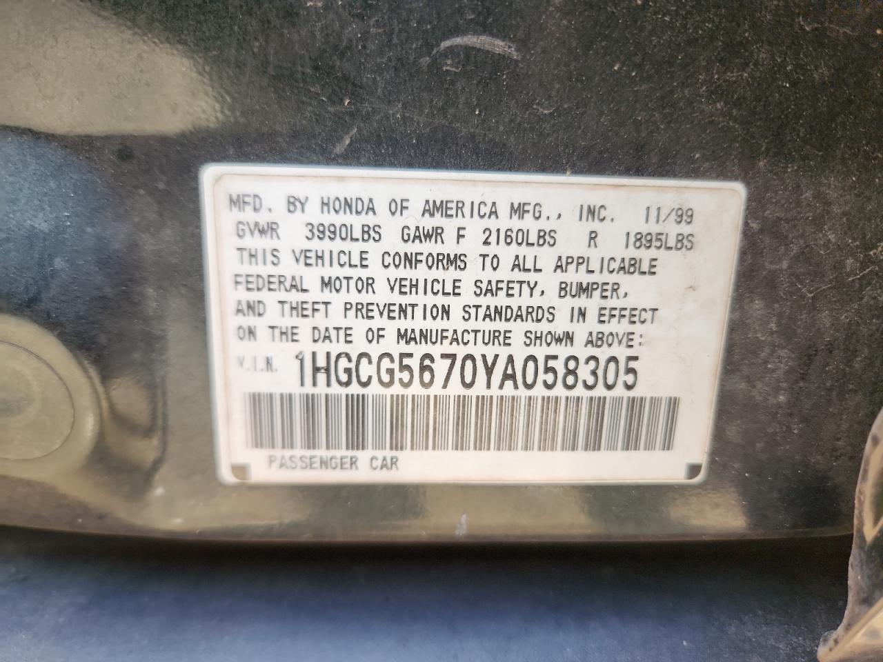 2000 Honda Accord Se VIN: 1HGCG5670YA058305 Lot: 72060755