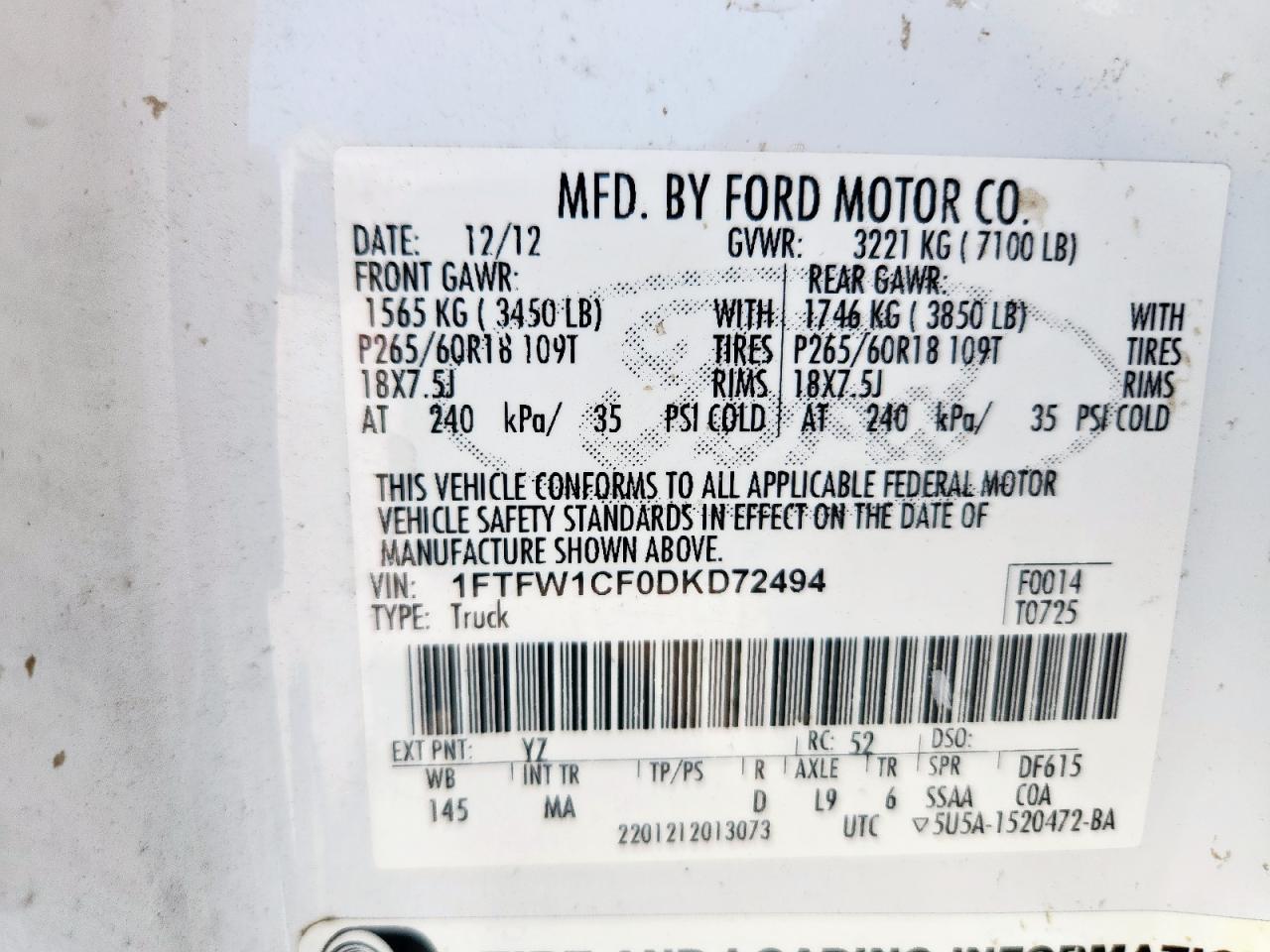 2013 Ford F150 Supercrew VIN: 1FTFW1CF0DKD72494 Lot: 84192225