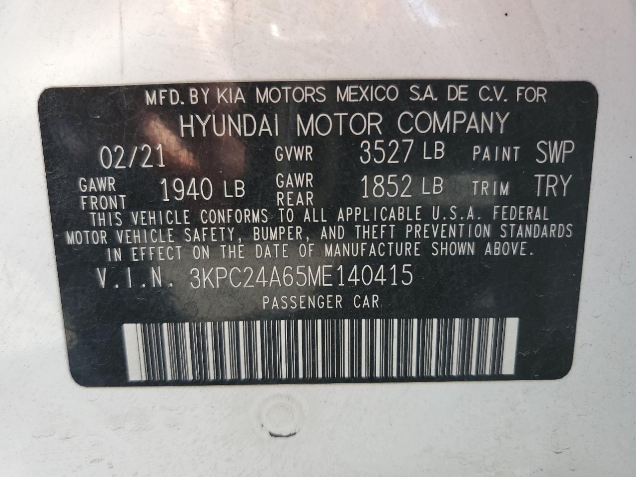 2021 Hyundai Accent Se VIN: 3KPC24A65ME140415 Lot: 71654875