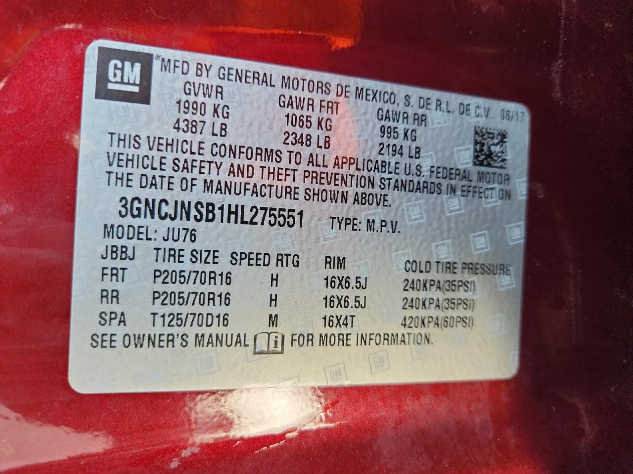 2017 Chevrolet Trax Ls VIN: 3GNCJNSB1HL275551 Lot: 71124395