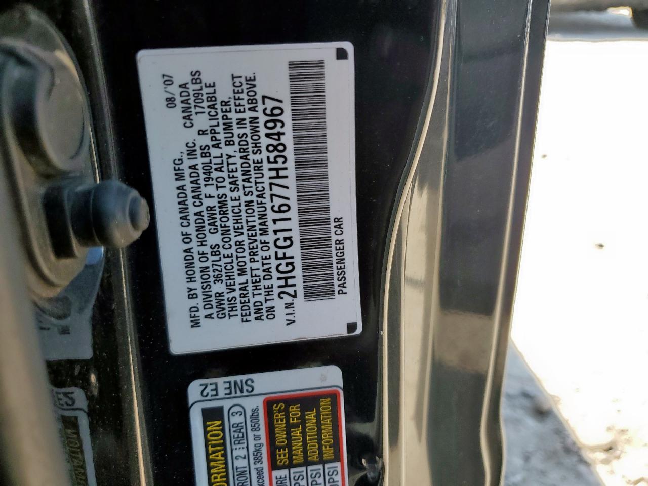 2007 Honda Civic Lx VIN: 2HGFG11677H584967 Lot: 80750935