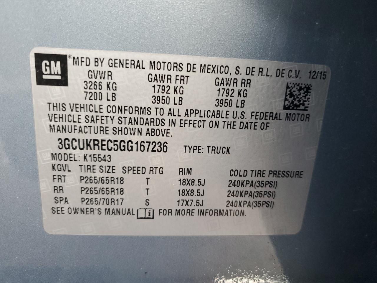 2016 Chevrolet Silverado K1500 Lt VIN: 3GCUKREC5GG167236 Lot: 80344855