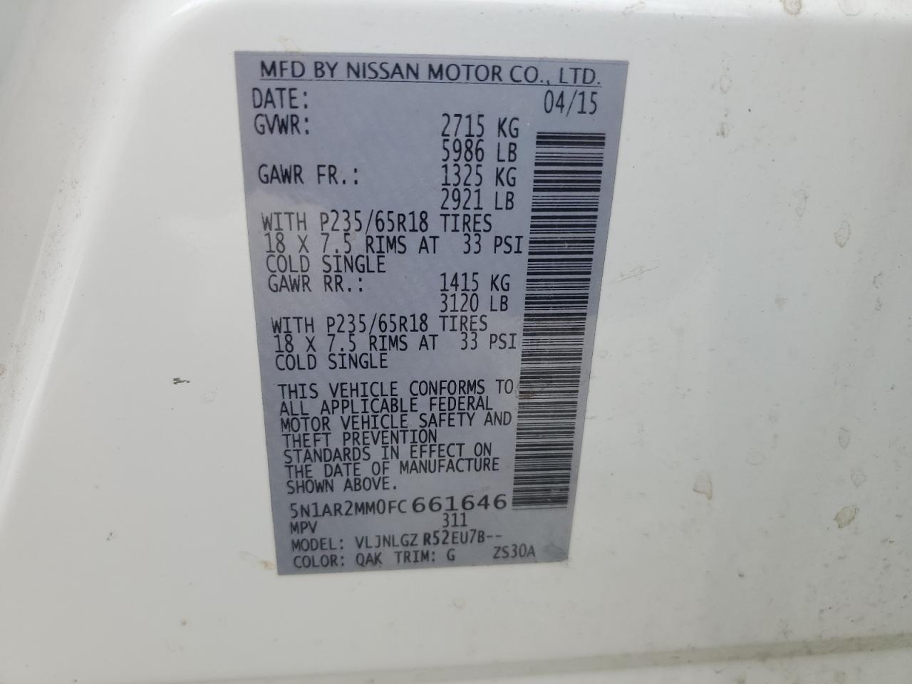 2015 Nissan Pathfinder S VIN: 5N1AR2MM0FC661646 Lot: 80323085