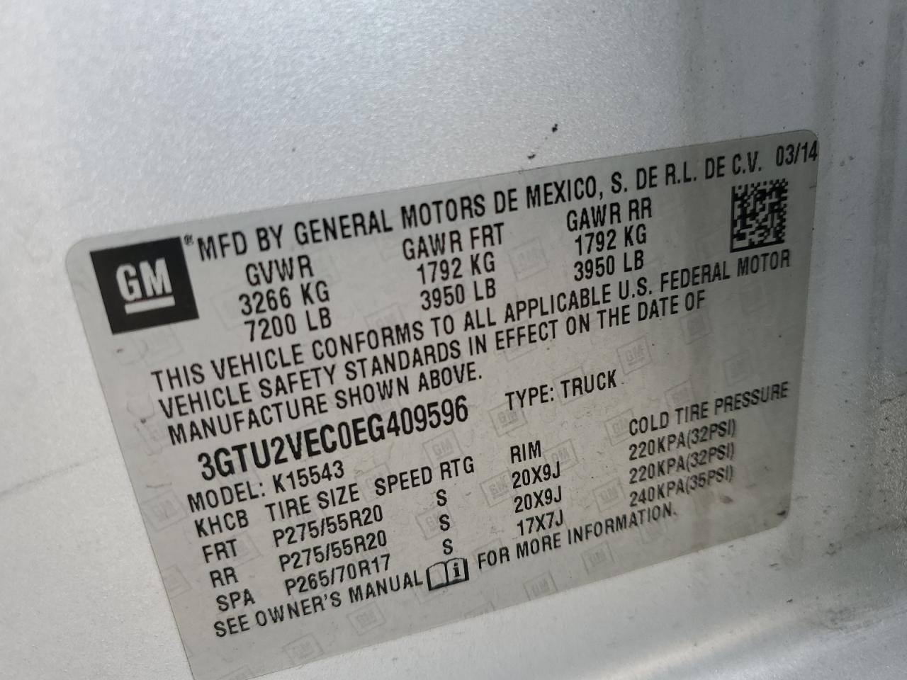 2014 GMC Sierra K1500 Slt VIN: 3GTU2VEC0EG409596 Lot: 83839315