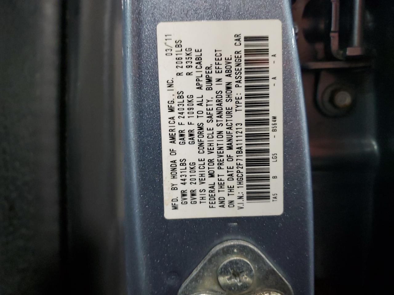 2011 Honda Accord Ex VIN: 1HGCP2F71BA111213 Lot: 80140525