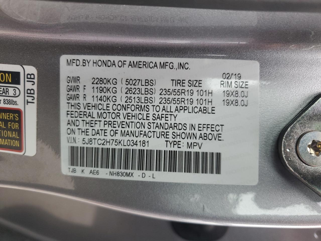 2019 Acura Rdx Advance VIN: 5J8TC2H75KL034181 Lot: 72077845