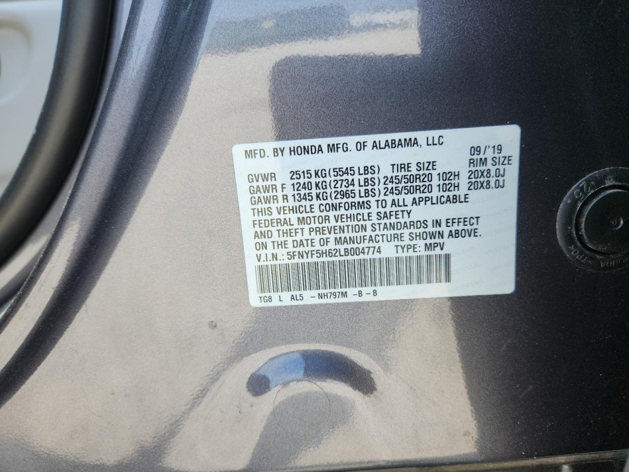 2020 Honda Pilot Touring VIN: 5FNYF5H62LB004774 Lot: 81438035