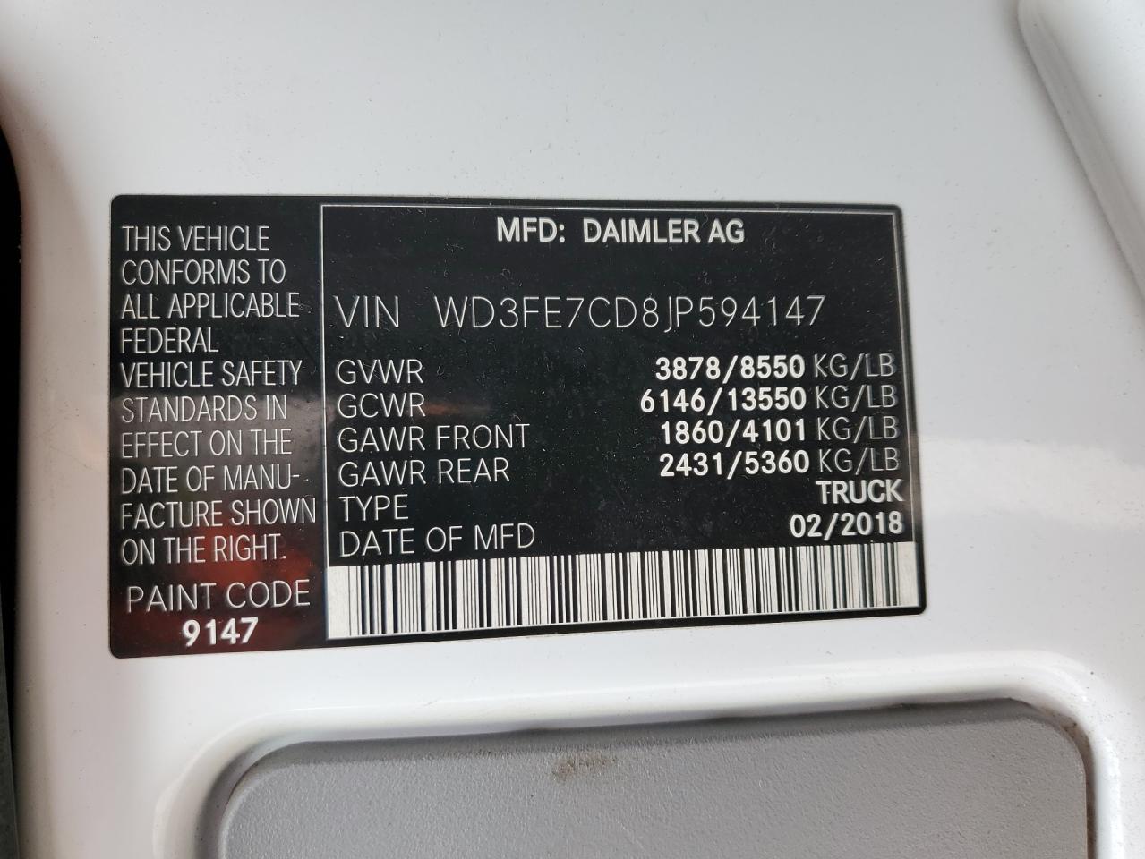 2018 Mercedes-Benz Sprinter 2500 VIN: WD3FE7CD8JP594147 Lot: 71674375