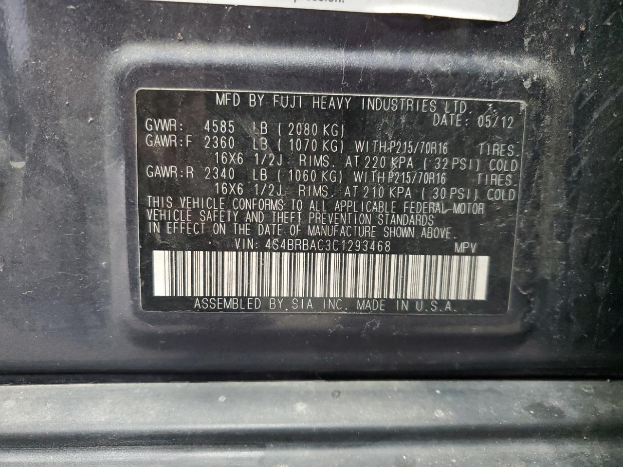 2012 Subaru Outback 2.5I VIN: 4S4BRBAC3C1293468 Lot: 81039185