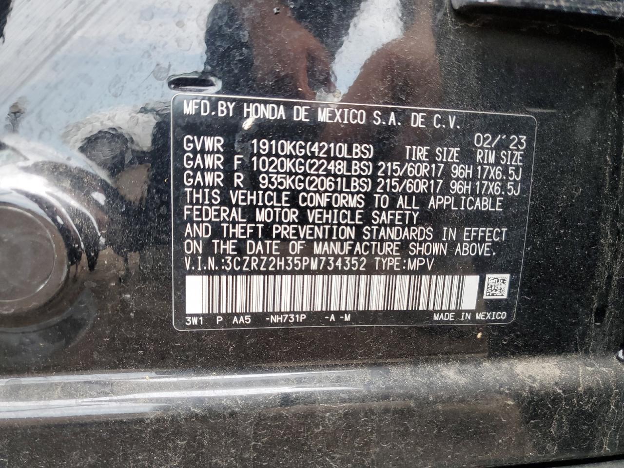 2023 Honda Hr-V Lx VIN: 3CZRZ2H35PM734352 Lot: 81742005