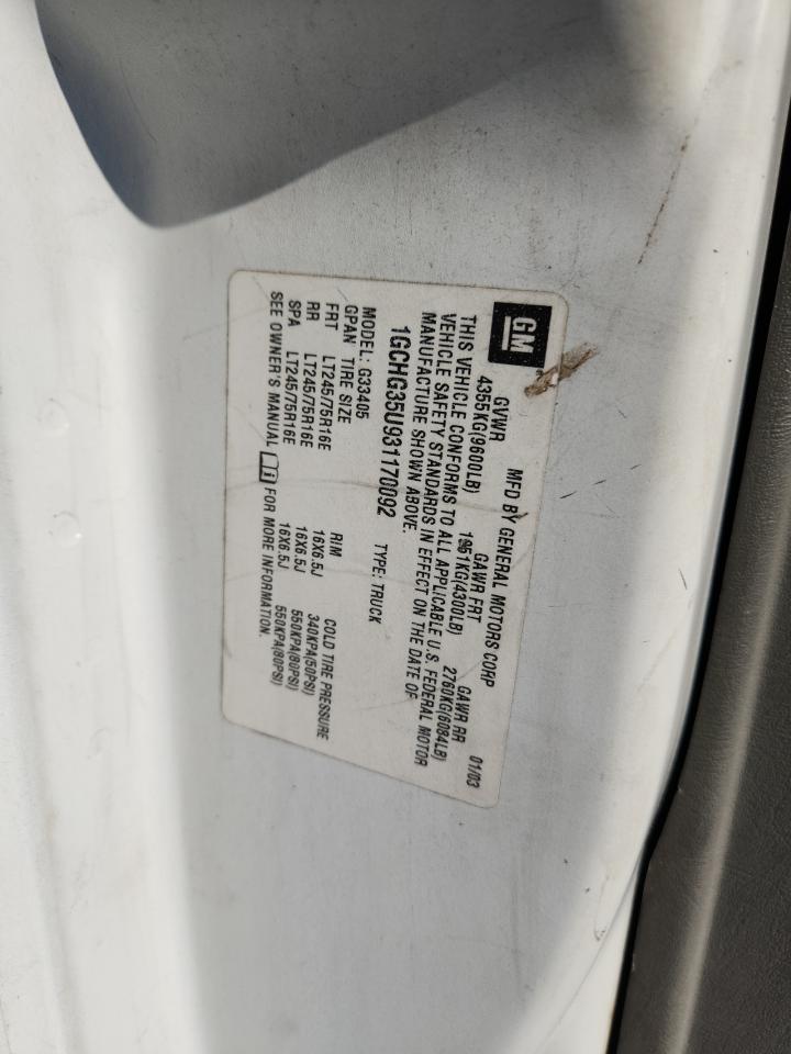 2003 Chevrolet Express G3500 VIN: 1GCHG35U931170092 Lot: 71353755