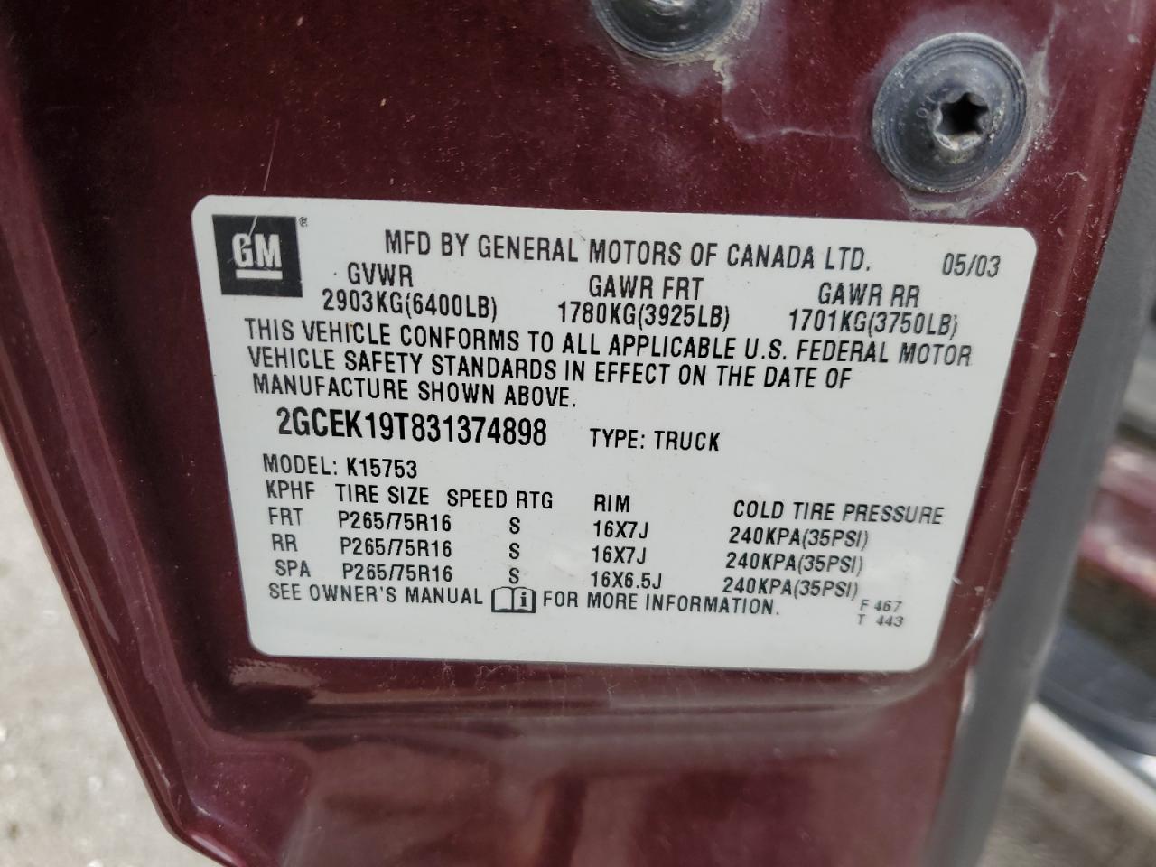 2003 Chevrolet Silverado K1500 VIN: 2GCEK19T831374898 Lot: 81792875