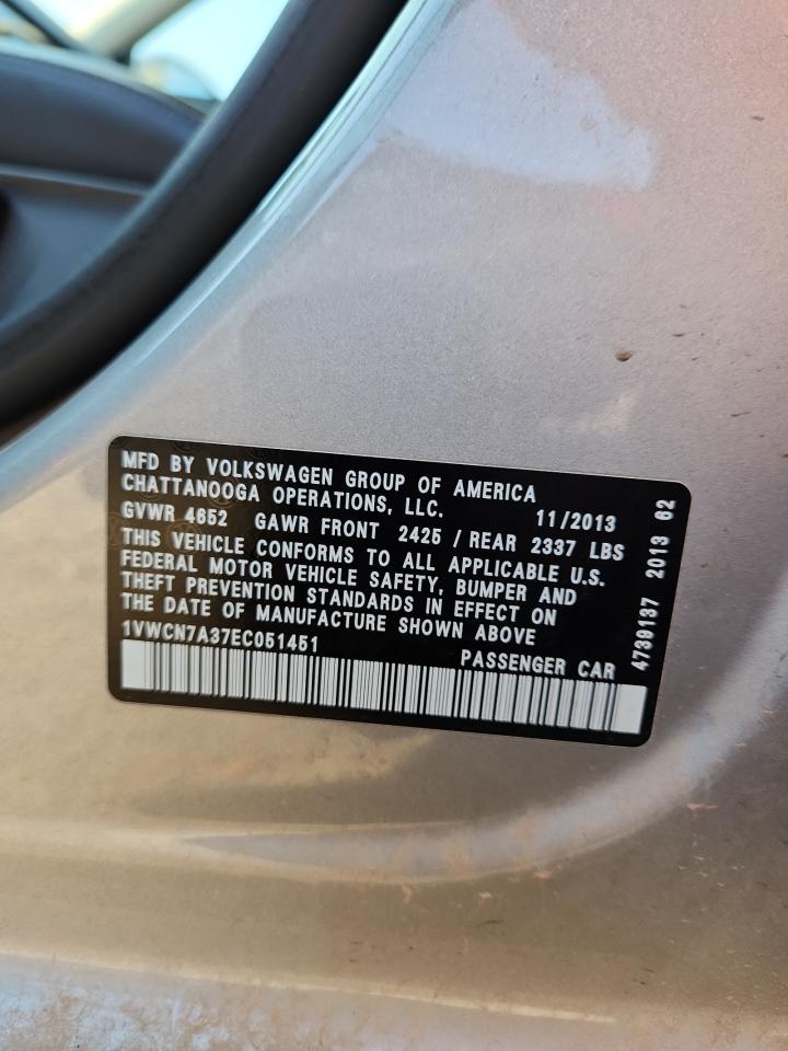 2014 Volkswagen Passat Sel VIN: 1VWCN7A37EC051451 Lot: 81253845