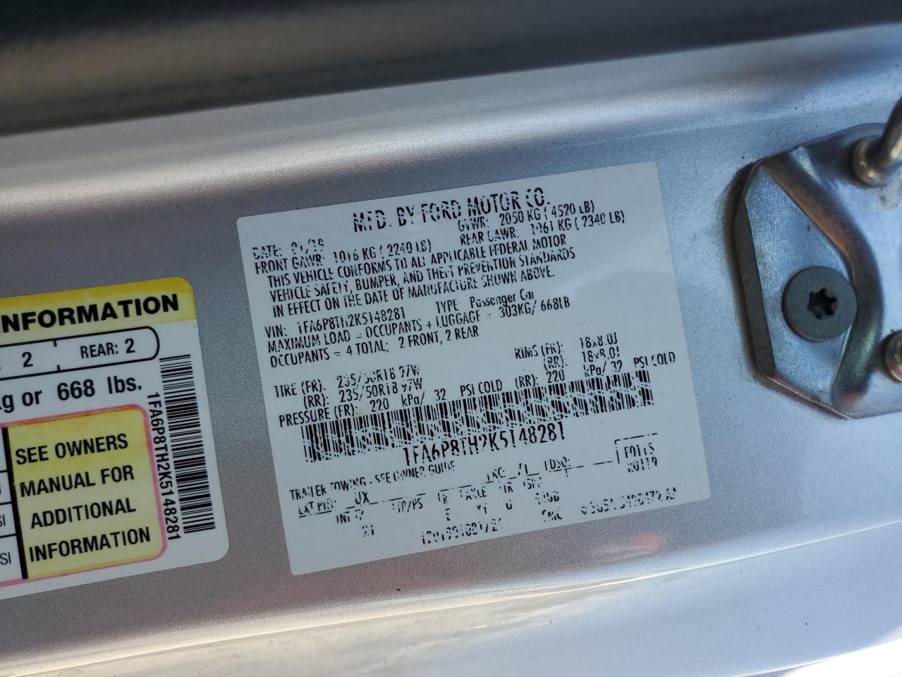 2019 Ford Mustang VIN: 1FA6P8TH2K5148281 Lot: 80668975