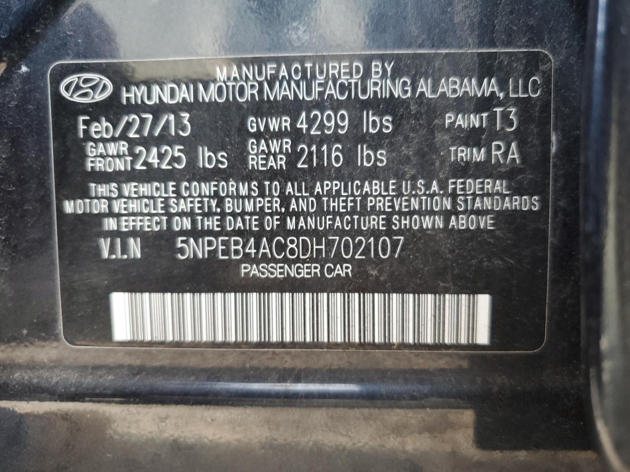 2013 Hyundai Sonata Gls VIN: 5NPEB4AC8DH702107 Lot: 80723795