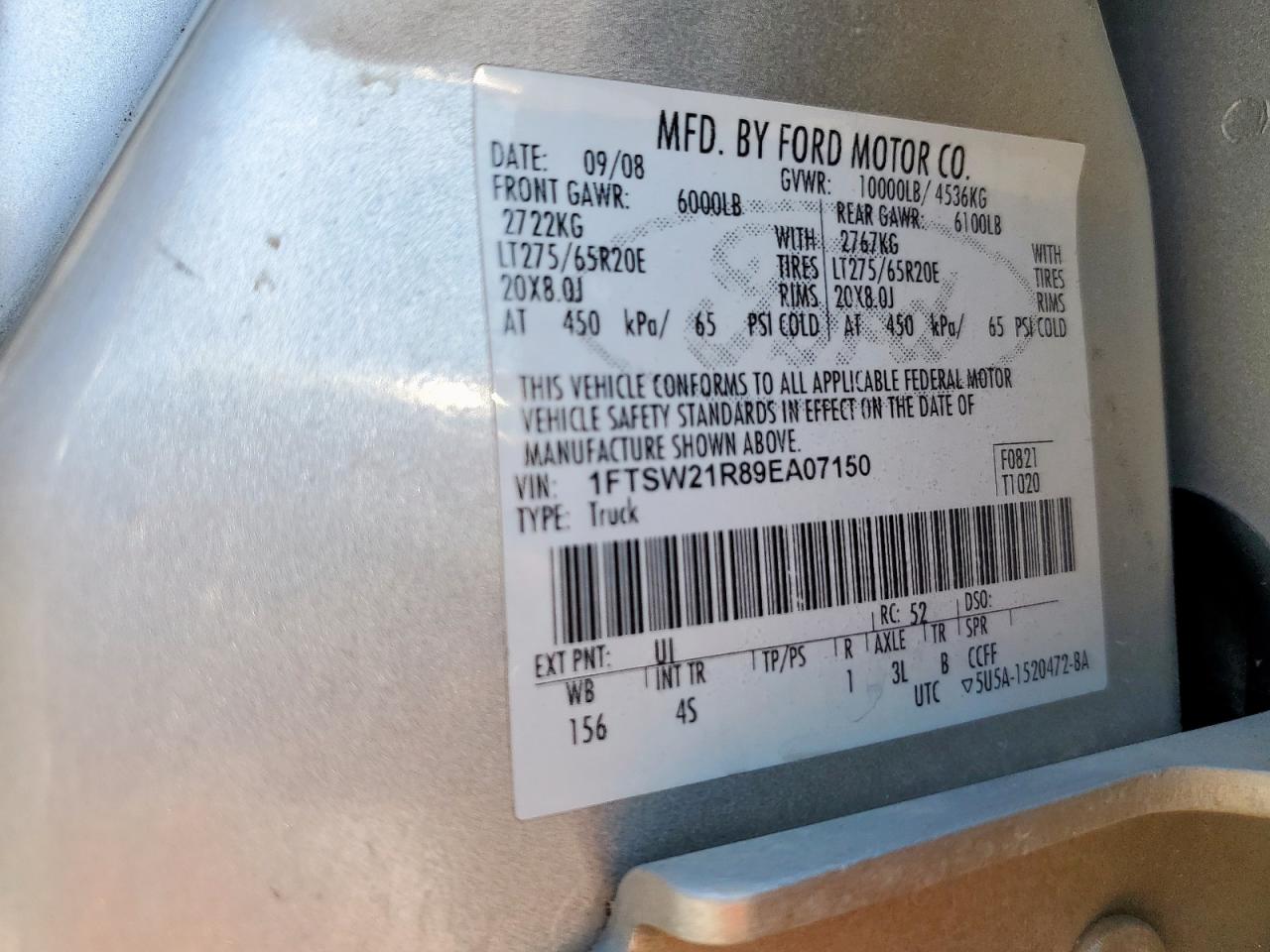 2009 Ford F250 Super Duty VIN: 1FTSW21R89EA07150 Lot: 82052475