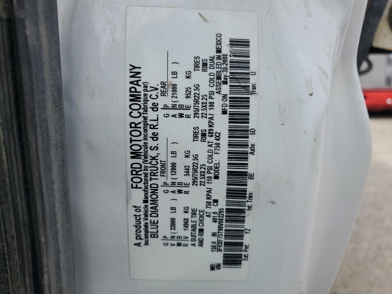 2008 Ford F750 Super Duty VIN: 3FRXF75T98V083295 Lot: 80562275