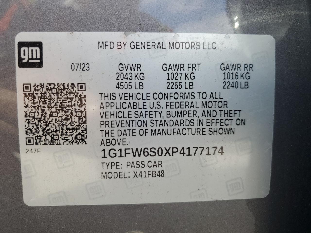 2023 Chevrolet Bolt Ev 1Lt VIN: 1G1FW6S0XP4177174 Lot: 71482075