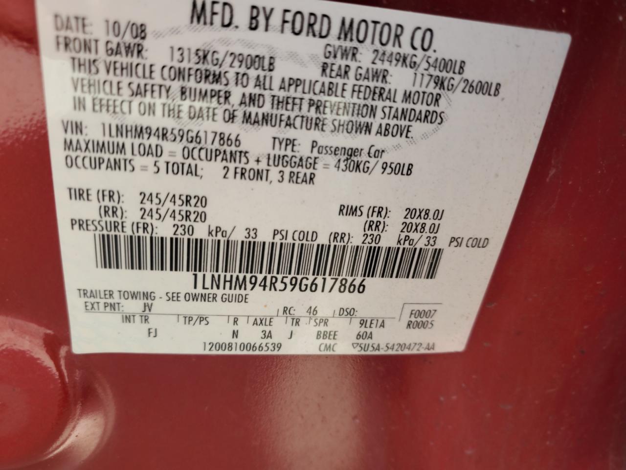 2009 Lincoln Mks VIN: 1LNHM94R59G617866 Lot: 81226685