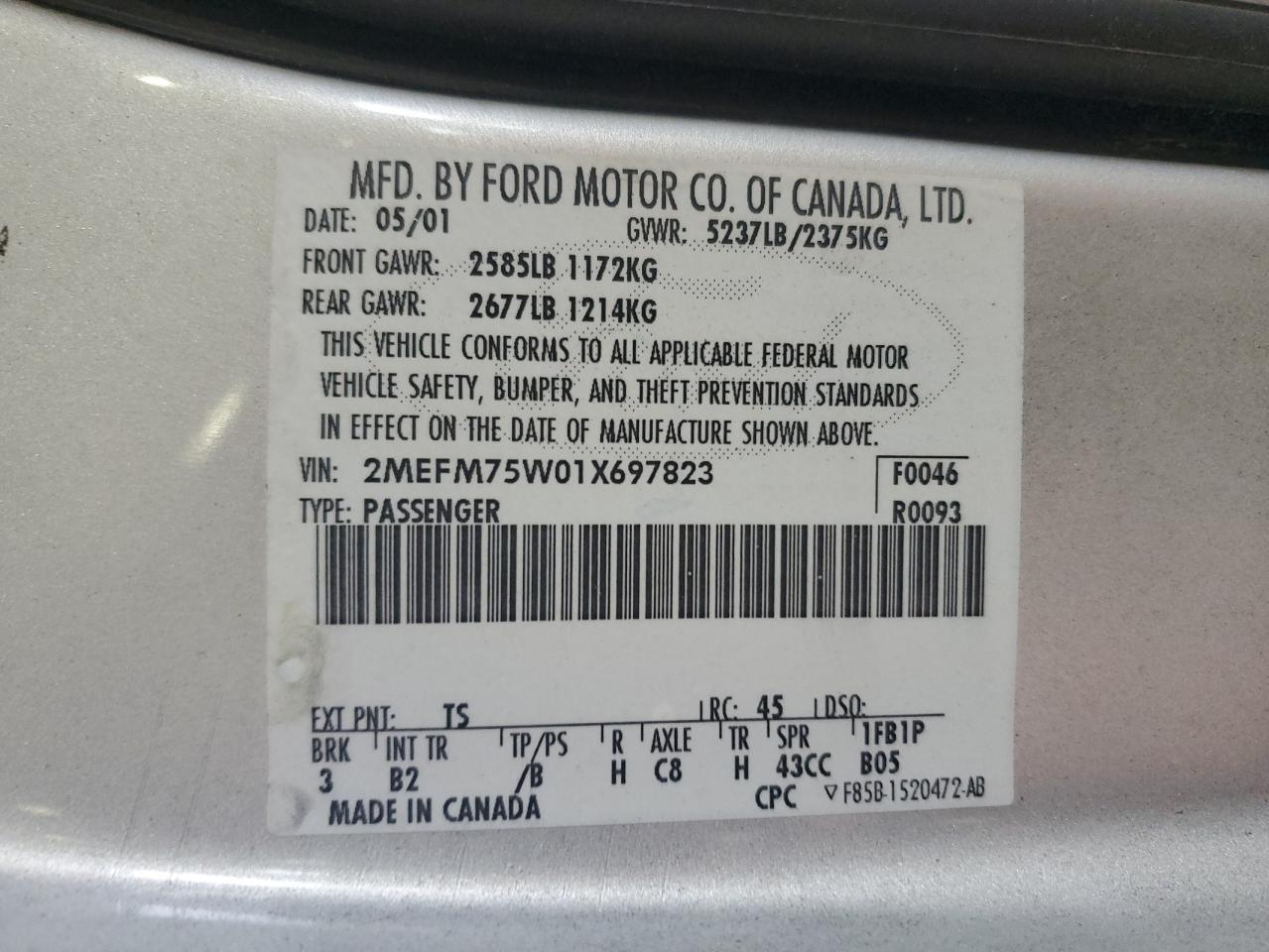 2001 Mercury Grand Marquis Ls VIN: 2MEFM75W01X697823 Lot: 80200305