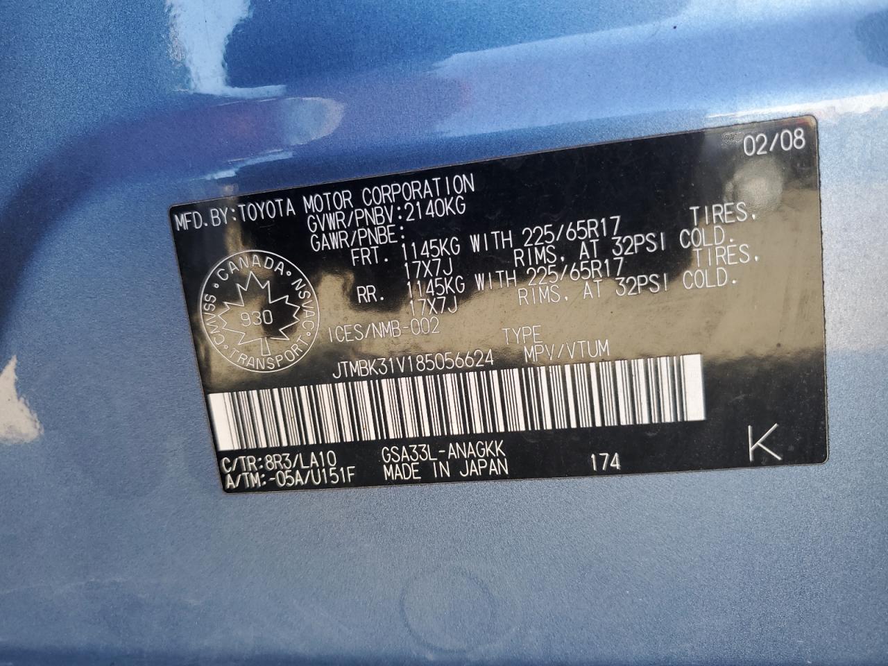 2008 Toyota Rav4 Limited VIN: JTMBK31V185056624 Lot: 80511455