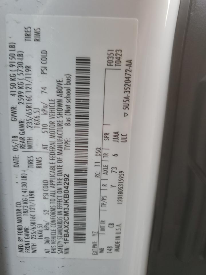 2018 Ford Transit T-350 VIN: 1FBAX2CM3JKB04292 Lot: 70920155