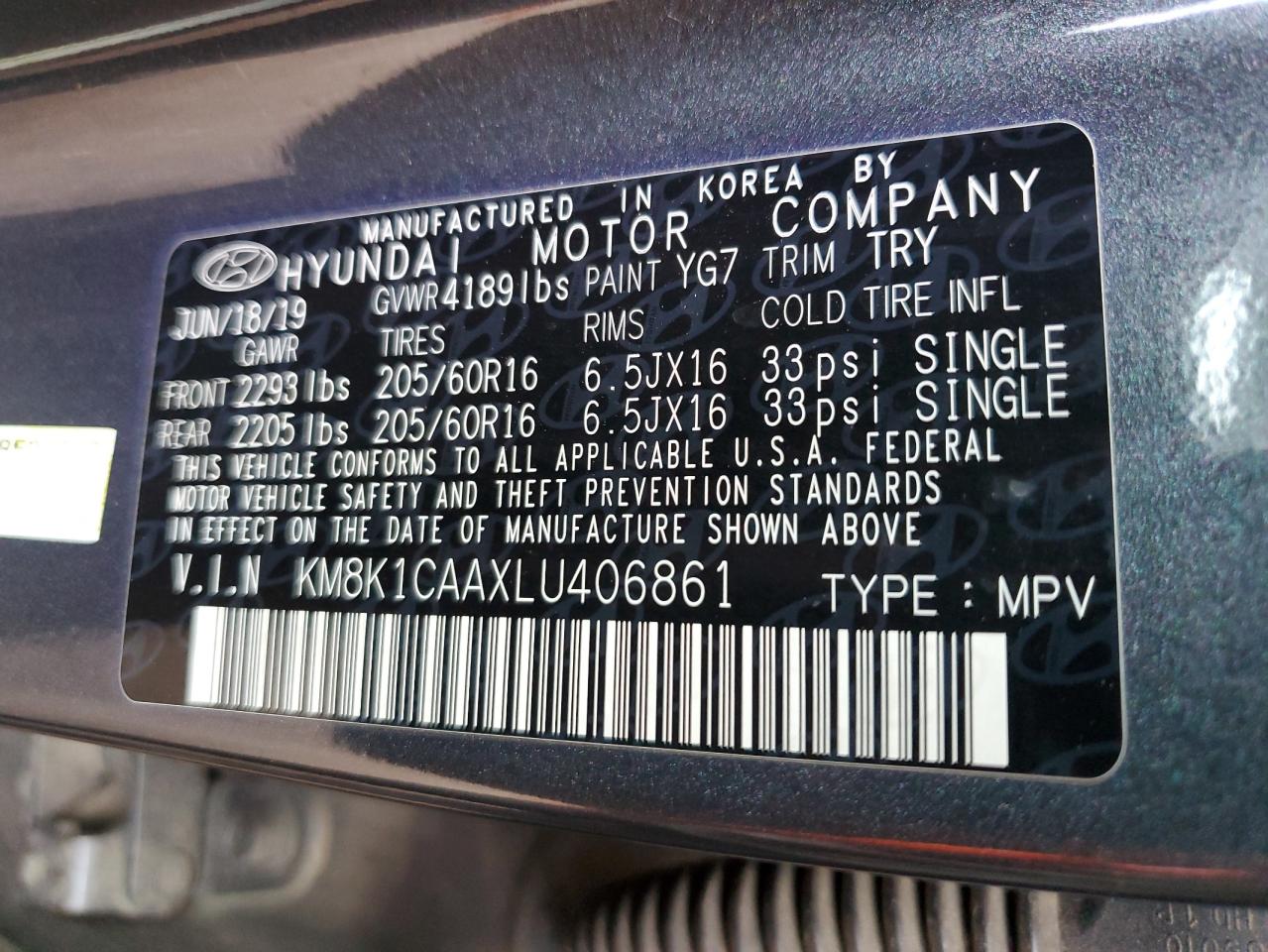 2020 Hyundai Kona Se VIN: KM8K1CAAXLU406861 Lot: 71691675