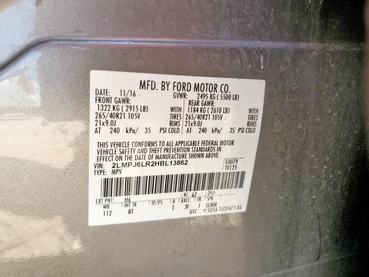 2017 Lincoln Mkx Reserve VIN: 2LMPJ6LR2HBL13862 Lot: 80287055