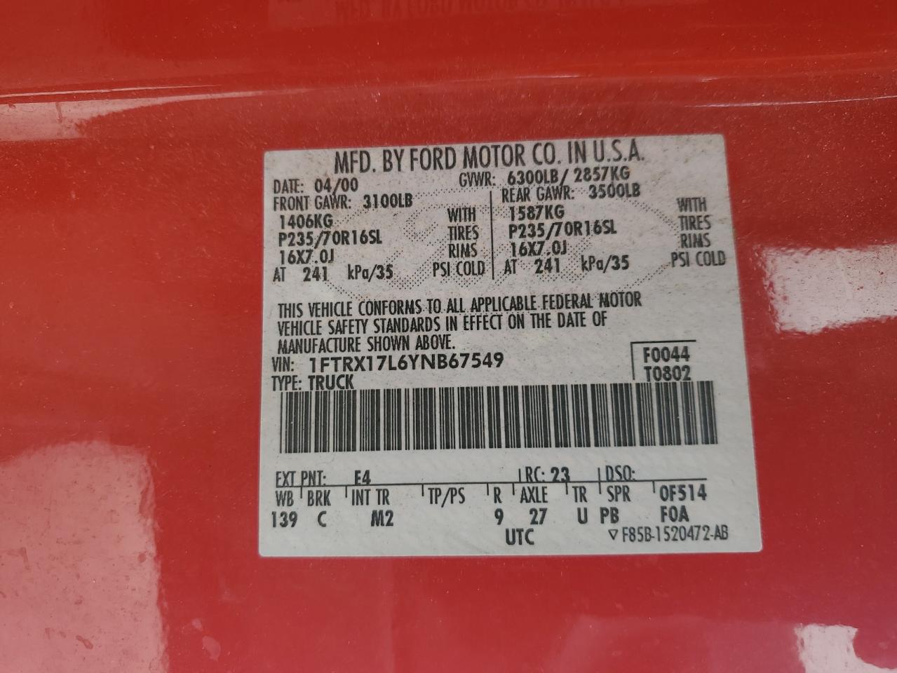 2000 Ford F150 VIN: 1FTRX17L6YNB67549 Lot: 83826025