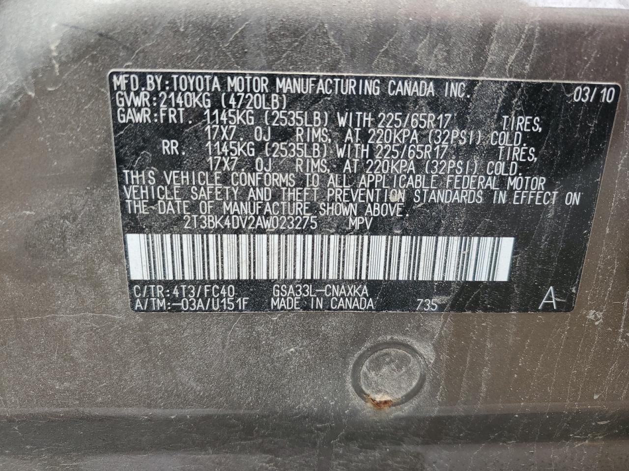 2010 Toyota Rav4 VIN: 2T3BK4DV2AW023275 Lot: 84250055