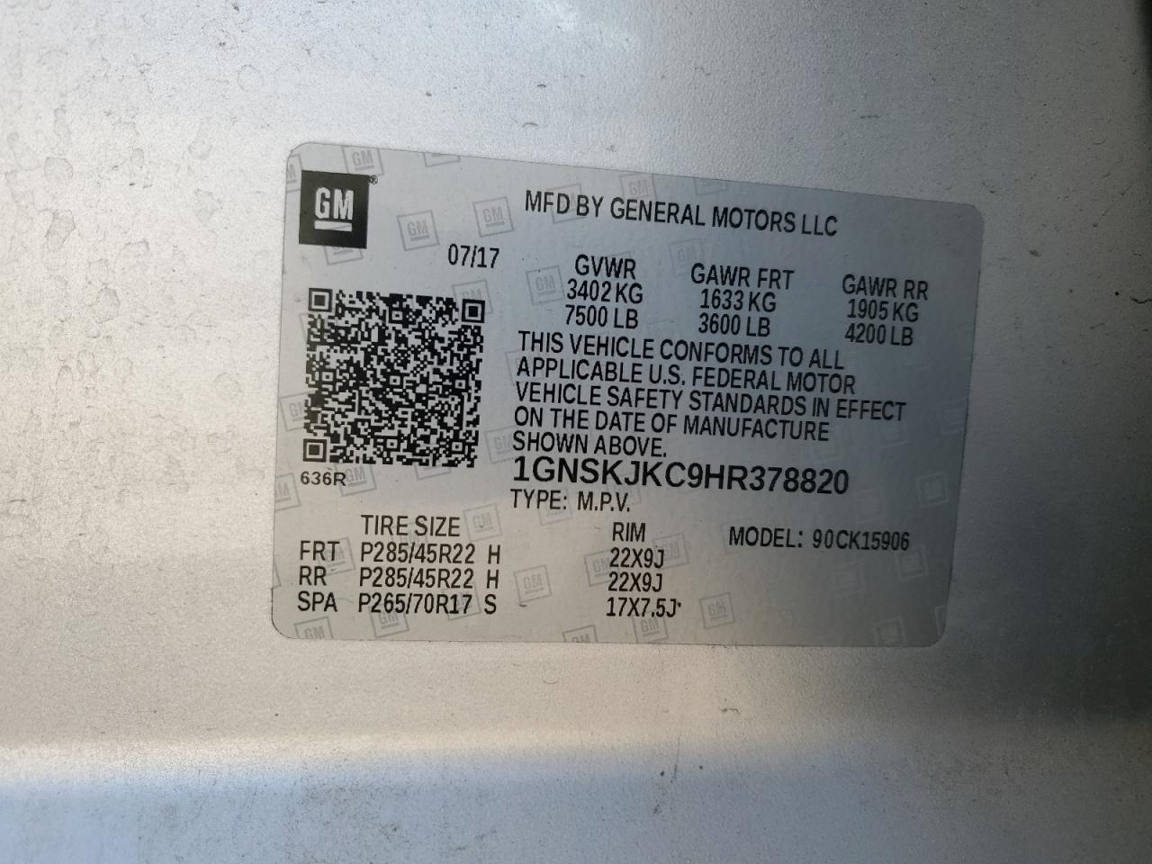 2017 Chevrolet Suburban K1500 Premier VIN: 1GNSKJKC9HR378820 Lot: 81209605