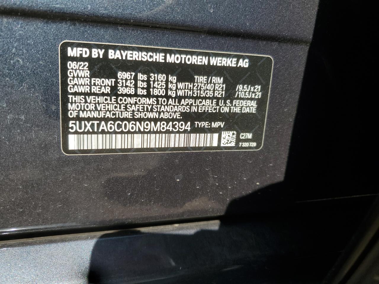 2022 BMW X5 xDrive45E VIN: 5UXTA6C06N9M84394 Lot: 80821965