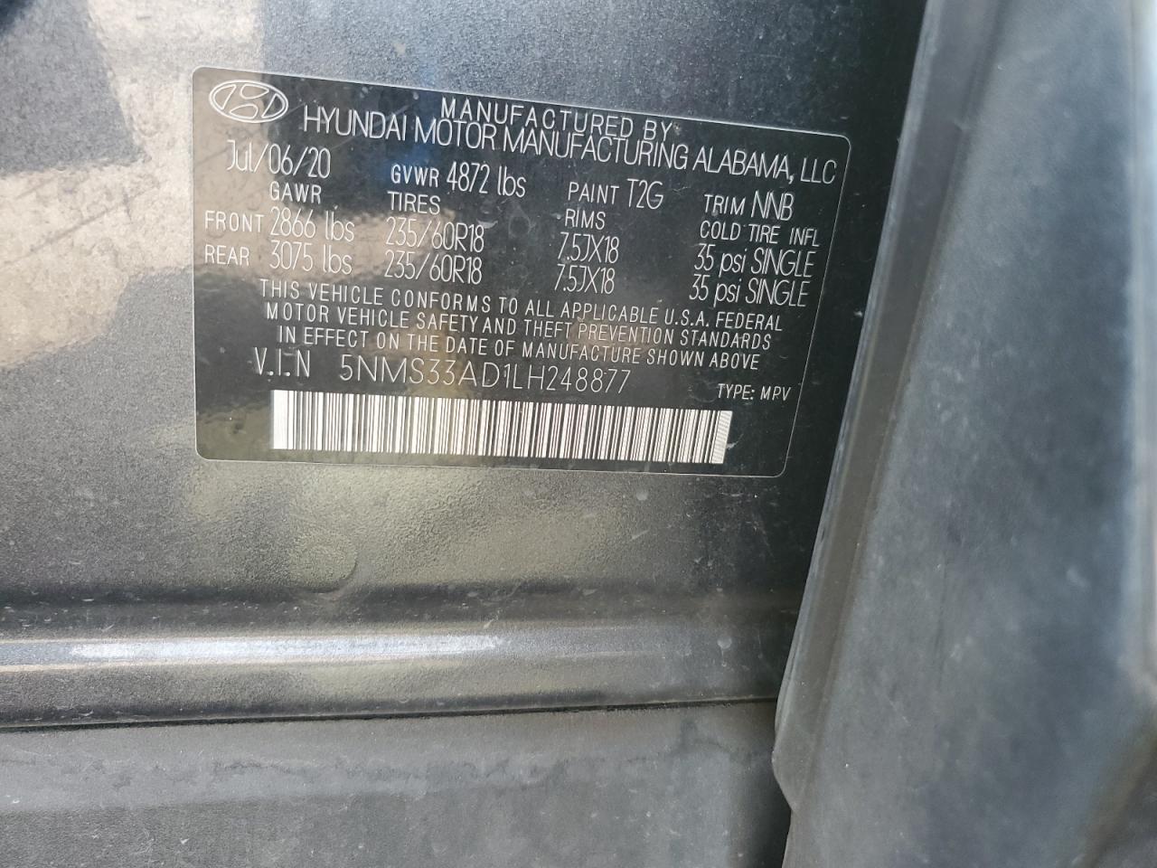 2020 Hyundai Santa Fe Sel VIN: 5NMS33AD1LH248877 Lot: 80252725