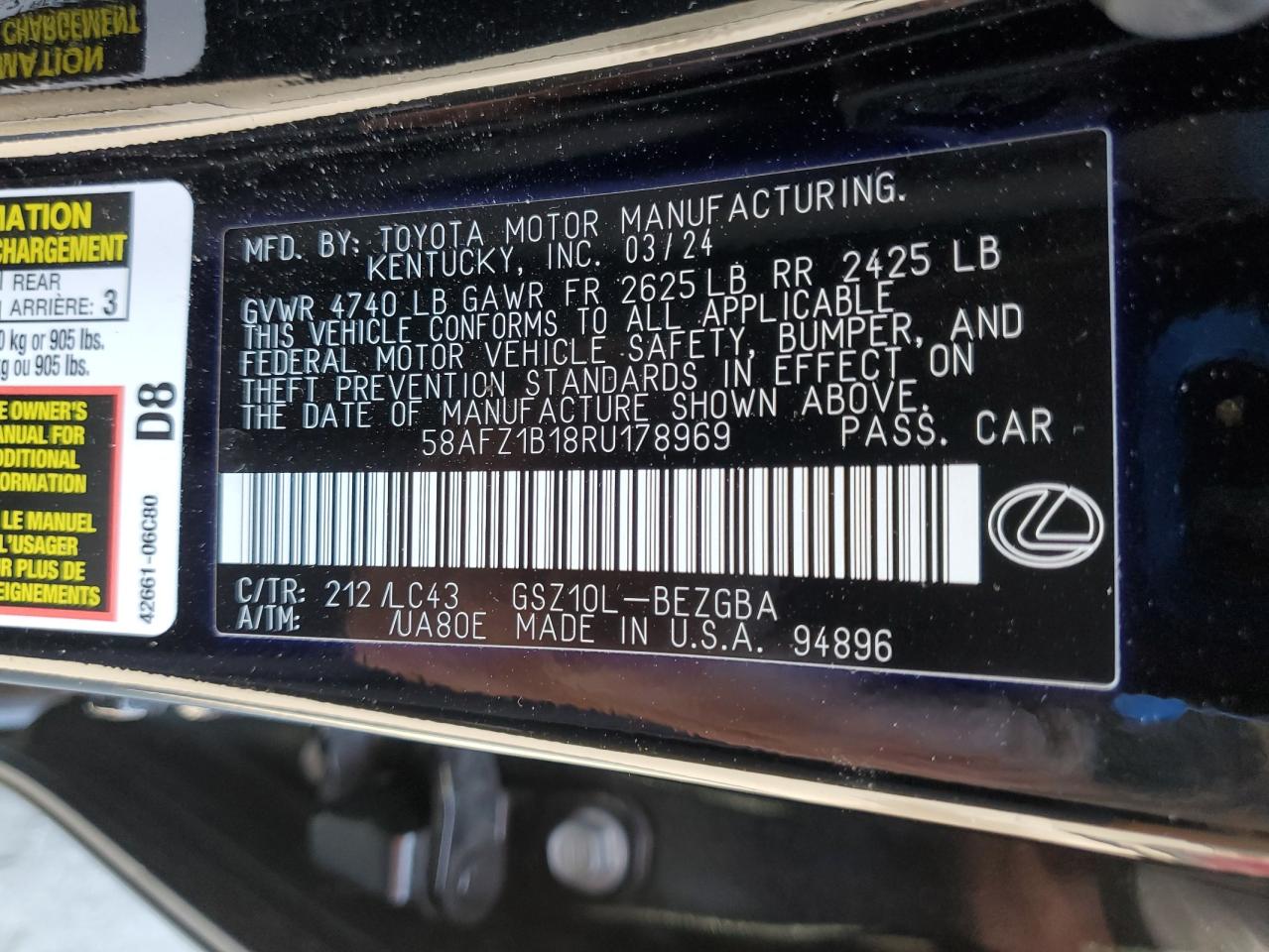 2024 Lexus Es 350 Base VIN: 58AFZ1B18RU178969 Lot: 70991905