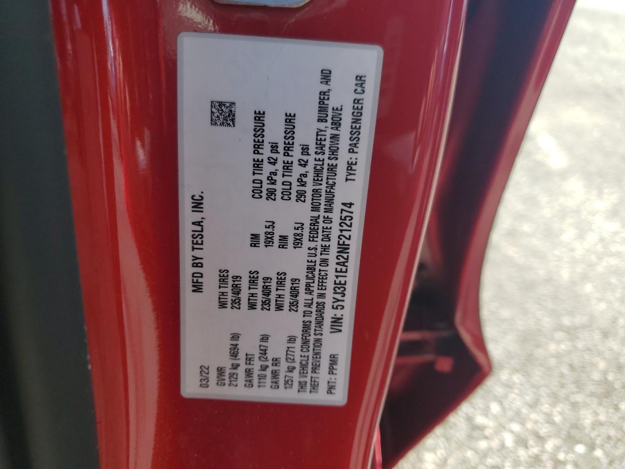 2022 Tesla Model 3 VIN: 5YJ3E1EA2NF212574 Lot: 80706215
