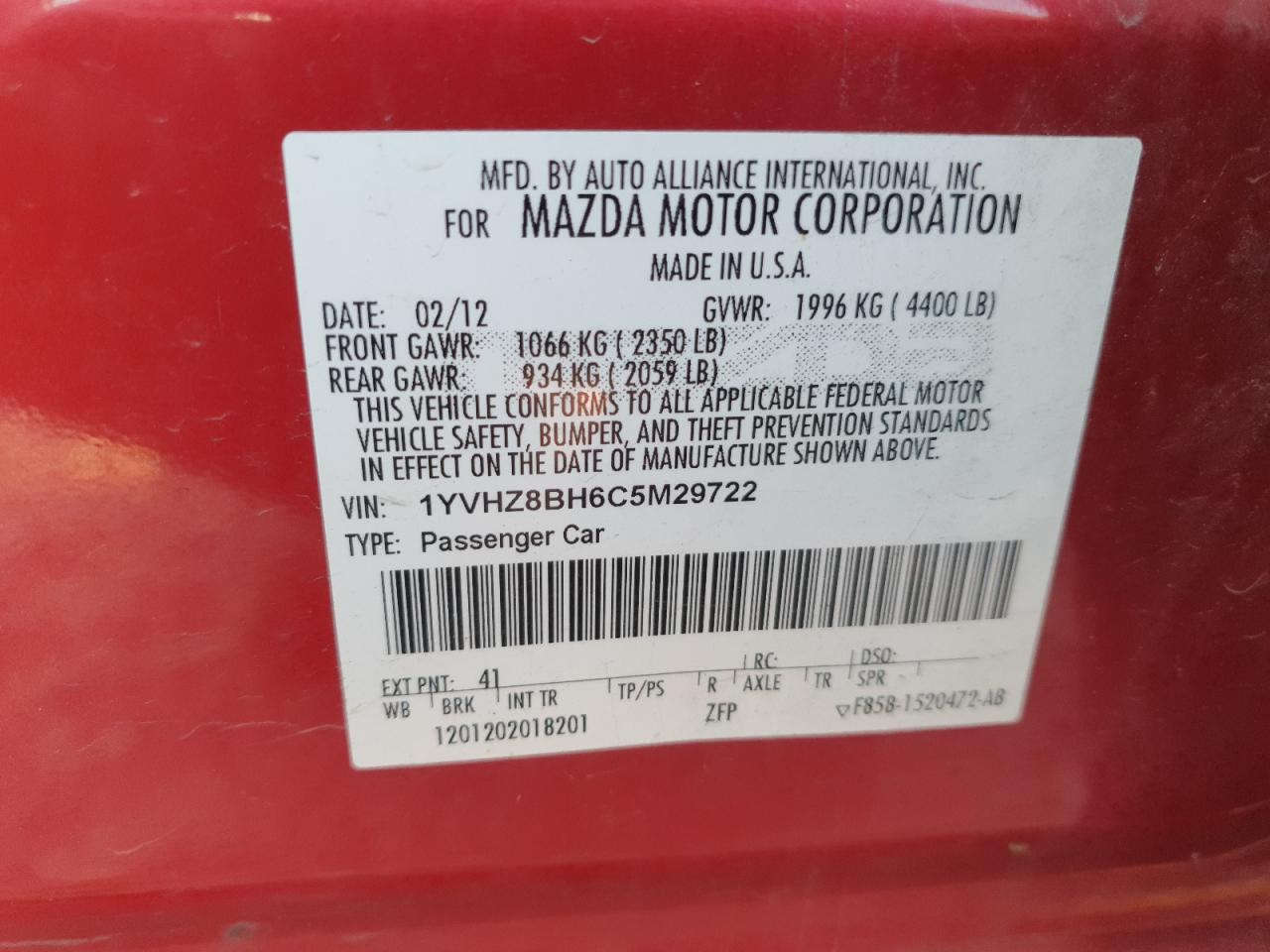 2012 Mazda 6 I VIN: 1YVHZ8BH6C5M29722 Lot: 71028095