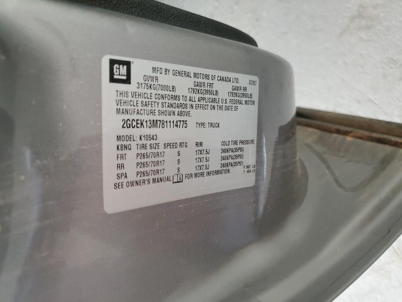 2008 Chevrolet Silverado K1500 VIN: 2GCEK13M781114775 Lot: 84592565