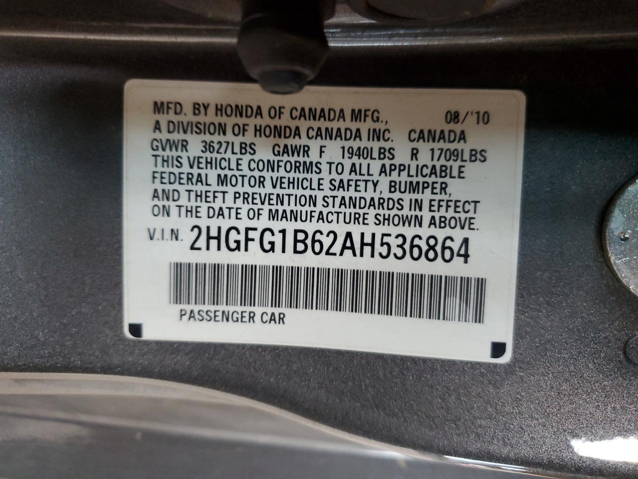 2010 Honda Civic Lx VIN: 2HGFG1B62AH536864 Lot: 81283685