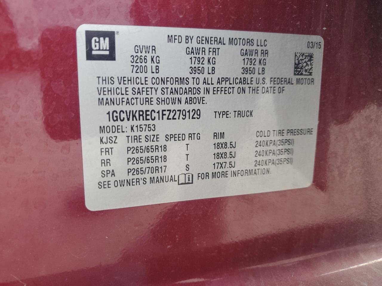 2015 Chevrolet Silverado K1500 Lt VIN: 1GCVKREC1FZ279129 Lot: 80890295