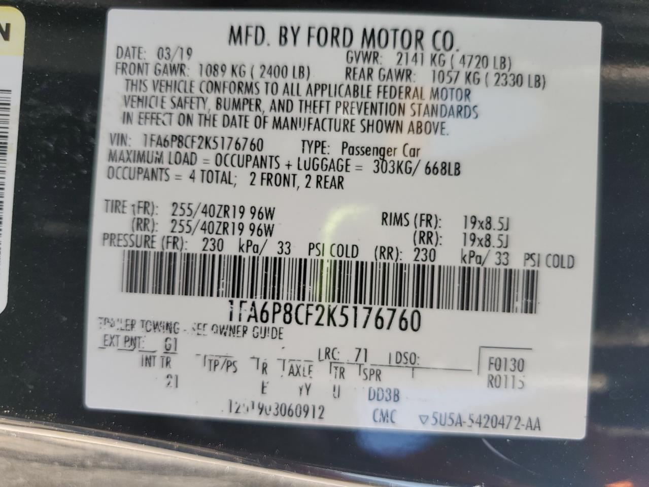2019 Ford Mustang Gt VIN: 1FA6P8CF2K5176760 Lot: 71748905