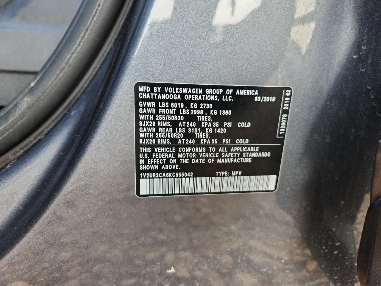 2019 Volkswagen Atlas Se VIN: 1V2UR2CA6KC555042 Lot: 71921805