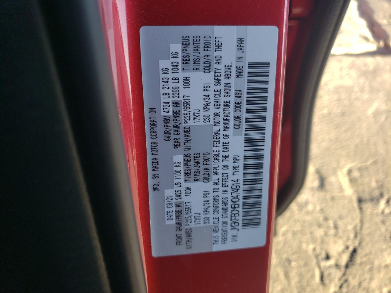 2021 Mazda Cx-5 Touring VIN: JM3KFBCM5M0474914 Lot: 71809275